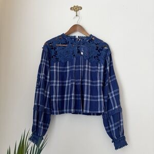 Free People Darling Diana Blue Plaid Lace Top XS NEW NWT